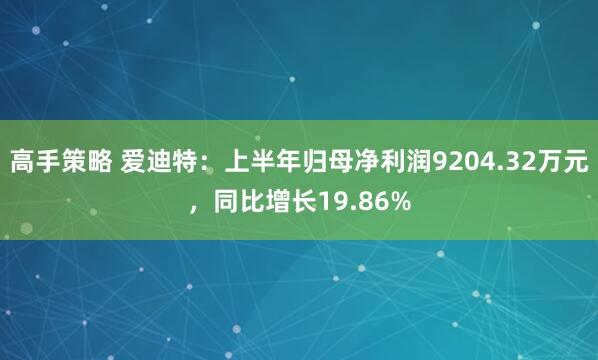 高手策略 爱迪特：上半年归母净利润9204.32万元，同比增长19.86%